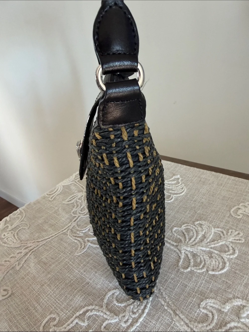 Brighton Black Woven Shoulder Bag with Brown Flap and Silver Heart Accent